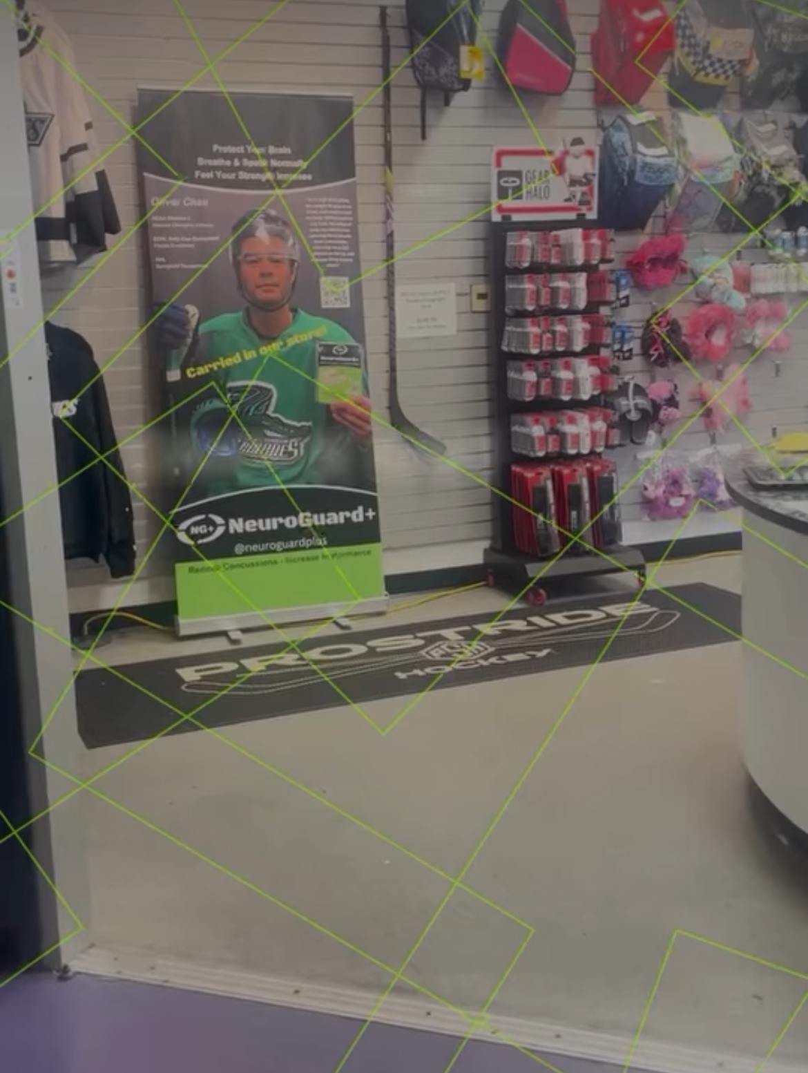 NeuroGuard+ retail display banner inside a hockey pro shop